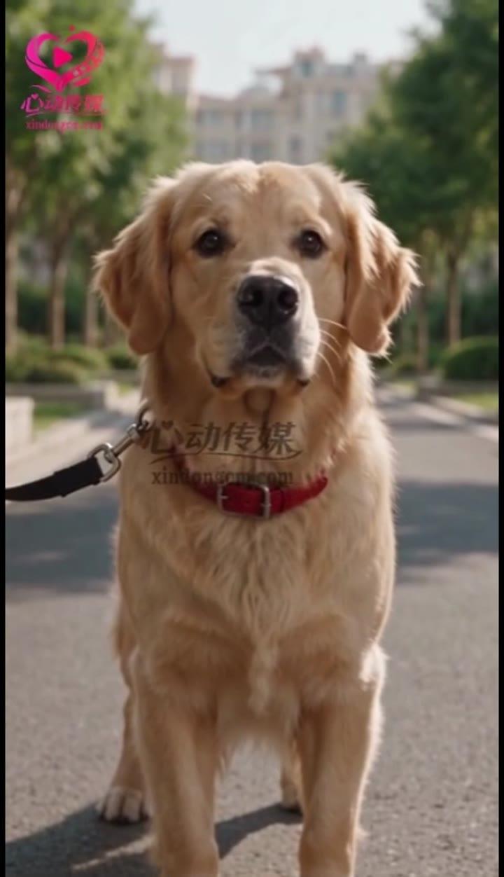 戴红色项圈的金毛犬出现在住宅区道路