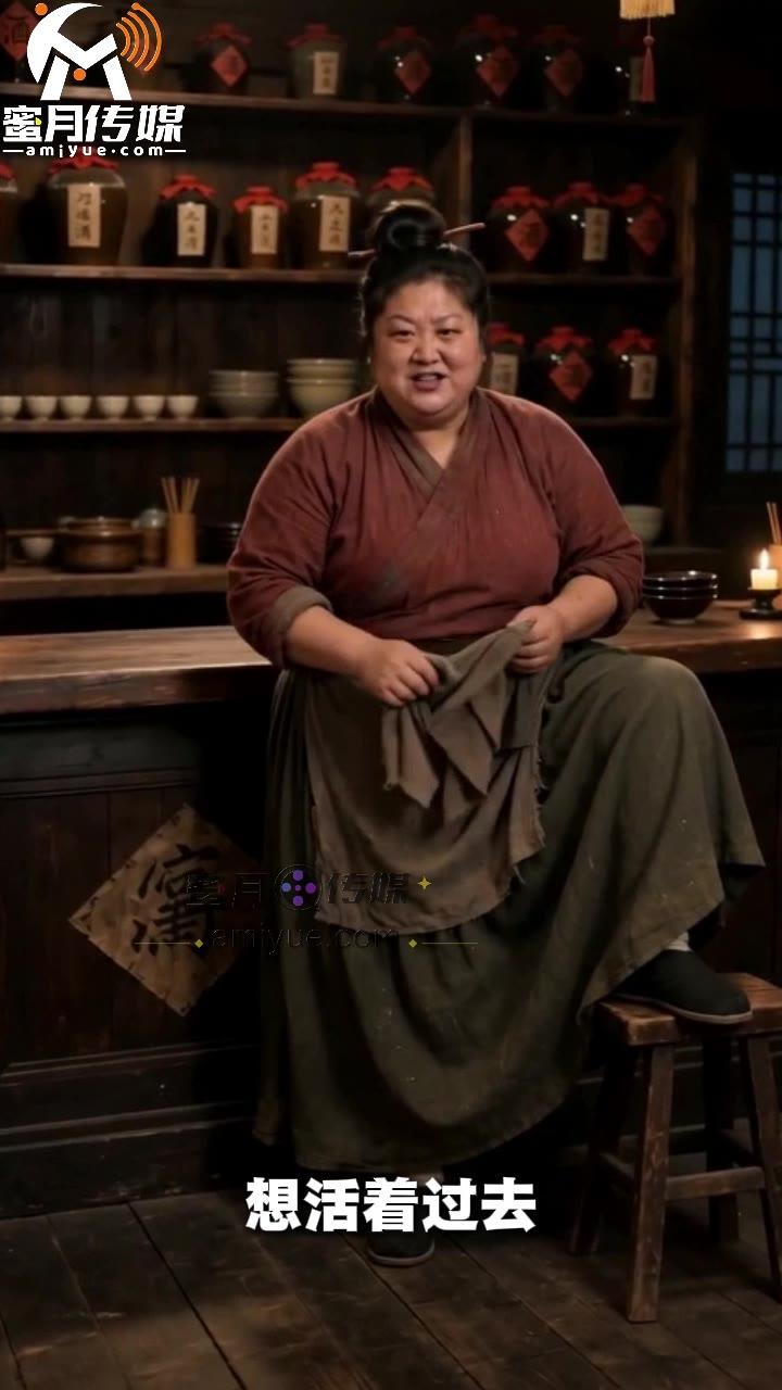 客栈老板娘在酒坛柜台前说明过岗规矩