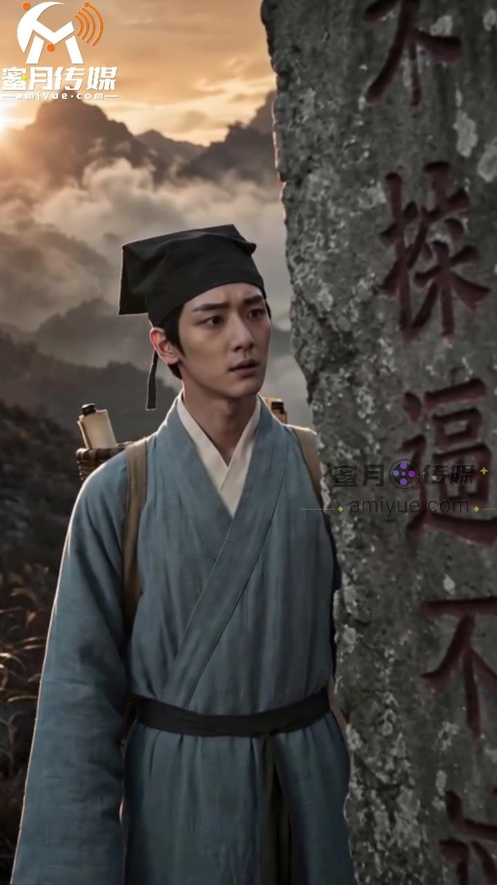 书生背着书箱站在迷雾关石碑旁