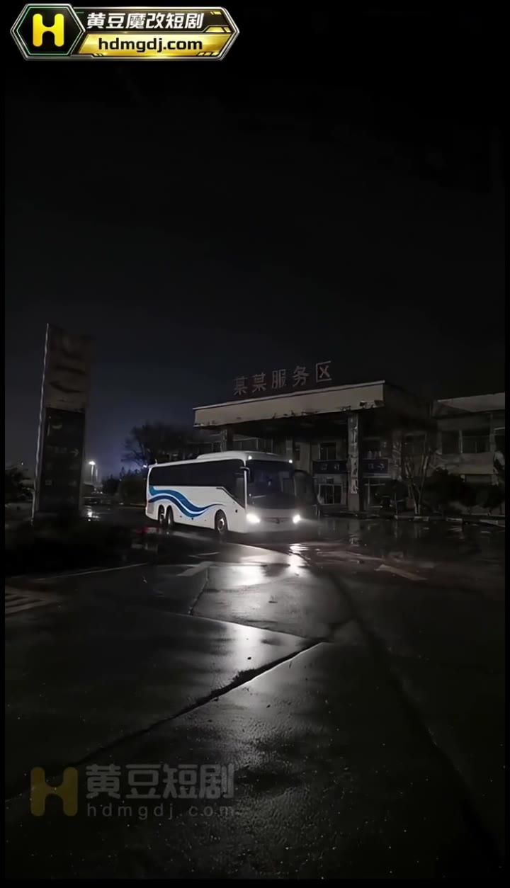 卧铺大巴停在雨夜服务区