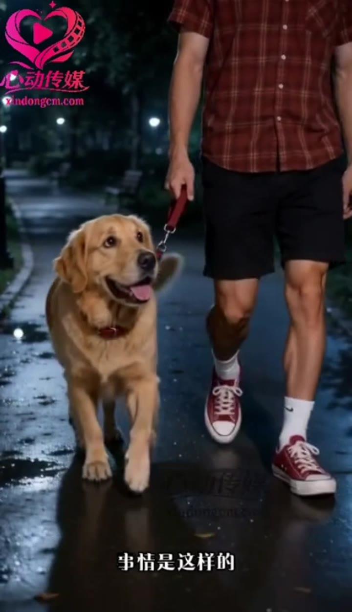 红格衬衫男子在雨夜公园牵着金毛犬