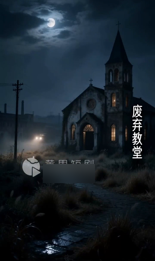 雨夜中的废弃教堂外景