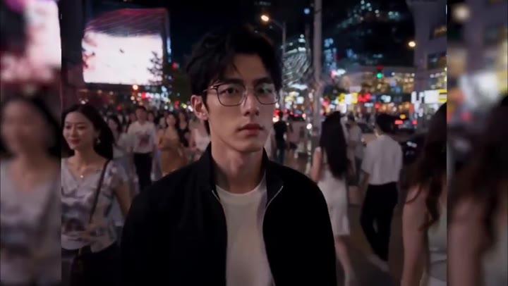 戴眼镜的男子走过夜间街道