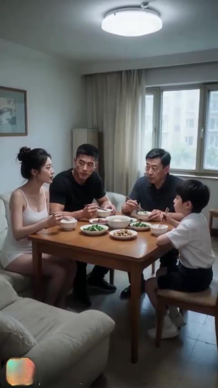 一家人在餐桌旁讨论父亲的照护安排