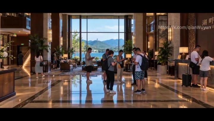 红裙女子在餐厅走廊观察包间方向