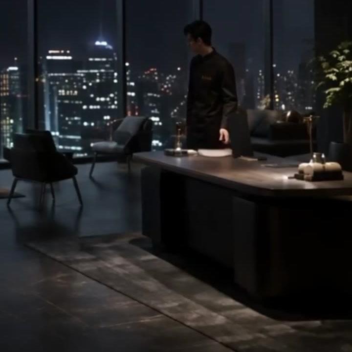 沈家少爷站在夜间办公室落地窗前