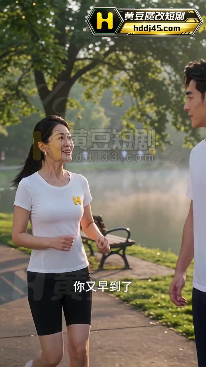 苏沛真与女婿清晨在湖边跑步