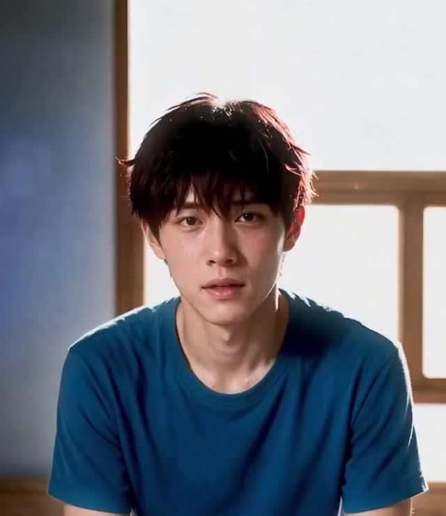 蓝色上衣的硕宇坐在窗边