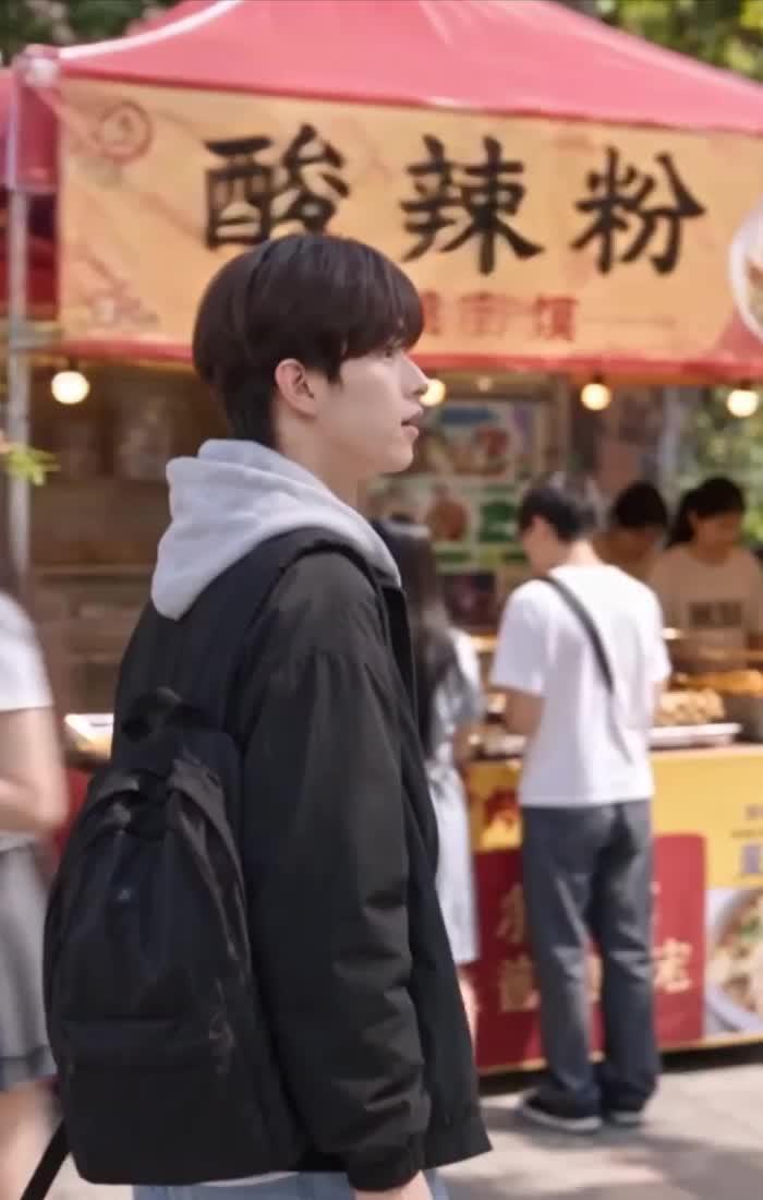 男生背着背包走过校园庆典摊位