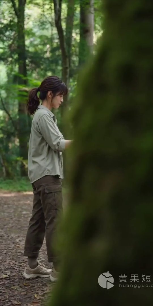 夏志勤在林间小径查看相机