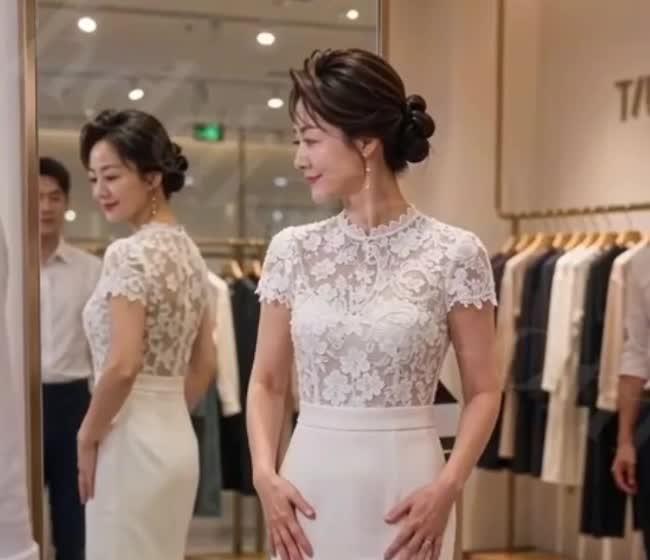 苏沛真在服装店试穿浅色裙装