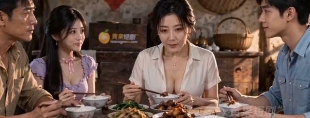 母亲回到家中与家人围桌吃饭