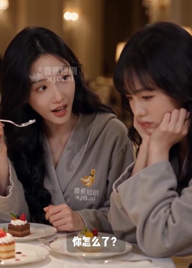两人穿着会所衣袍在餐厅交谈