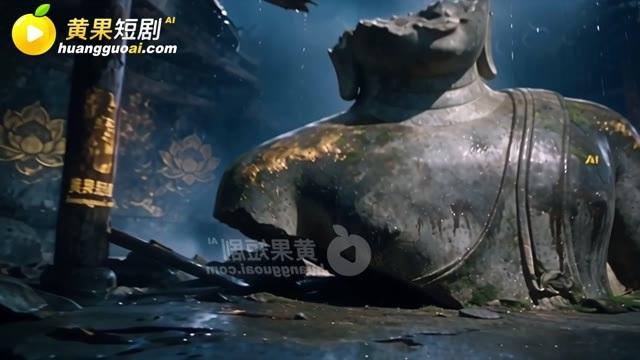 废弃寺庙中的残缺石像与积水地面
