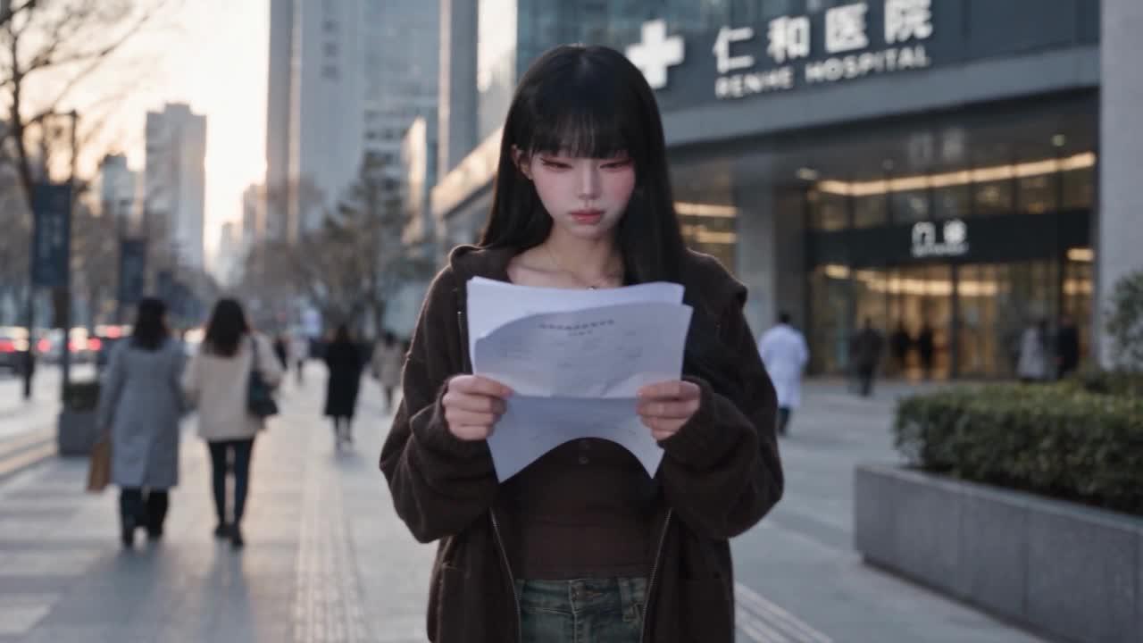 女子拿着报告站在医院外