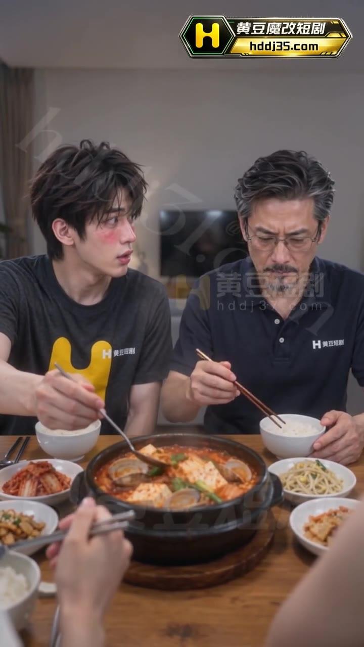 佳伦与父亲在餐桌边面对辅导功课的安排