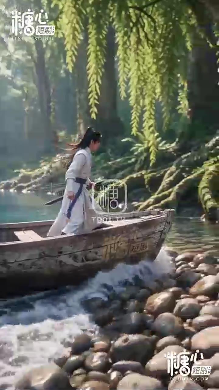 李逍遥乘木船来到林间水岸