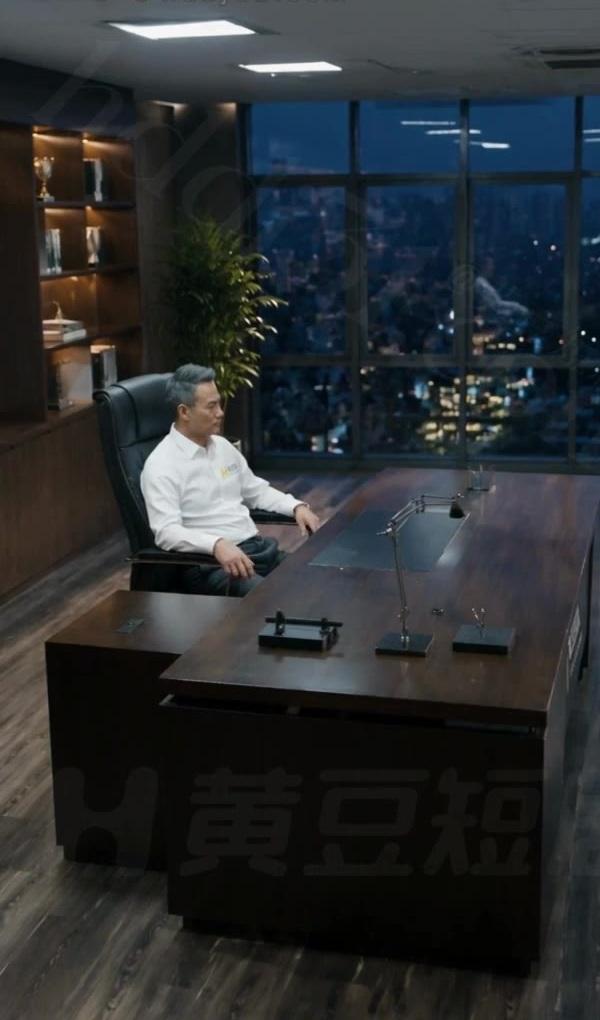 校长坐在夜间办公室的木质书桌后