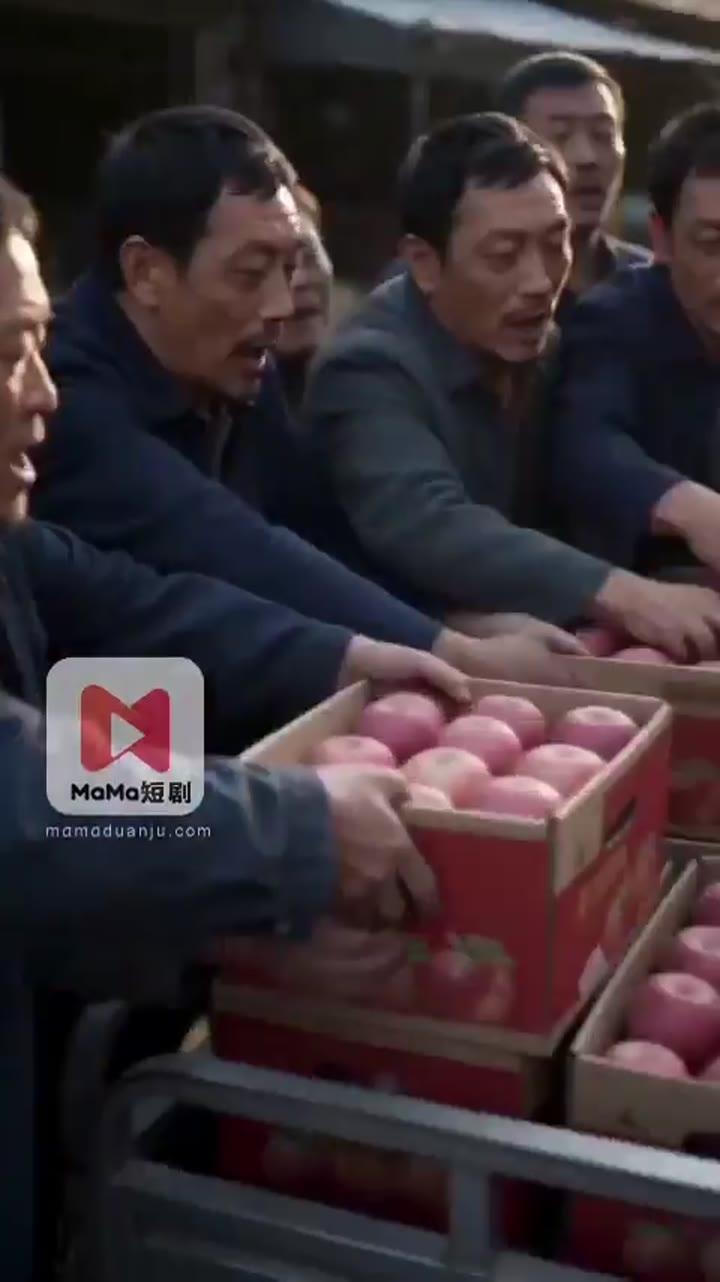 村民搬运成箱的桃花红苹果