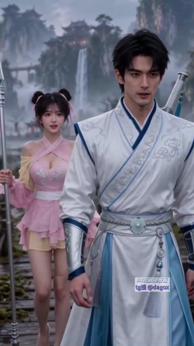 白蓝衣袍男修士与粉衣同伴进入水泽