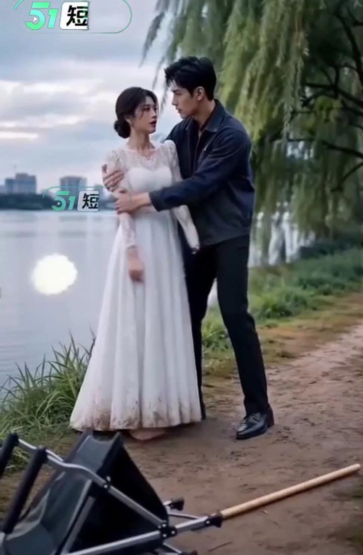 顾辰在湖边扶住穿白色衣裙的李小姐