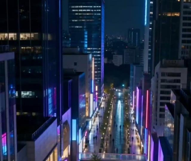 城市夜间街道与沿街灯光
