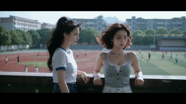 短发女子与同伴在校园走廊停下交谈