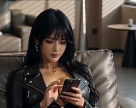 女艺人在办公室沙发上查看手机