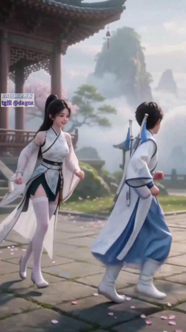 雪儿与男修士身处雾中山间古建筑旁