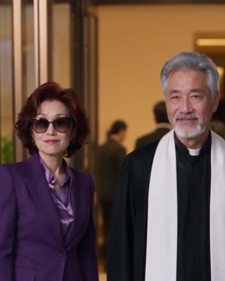 牧师与夫人在教堂门前与人交谈