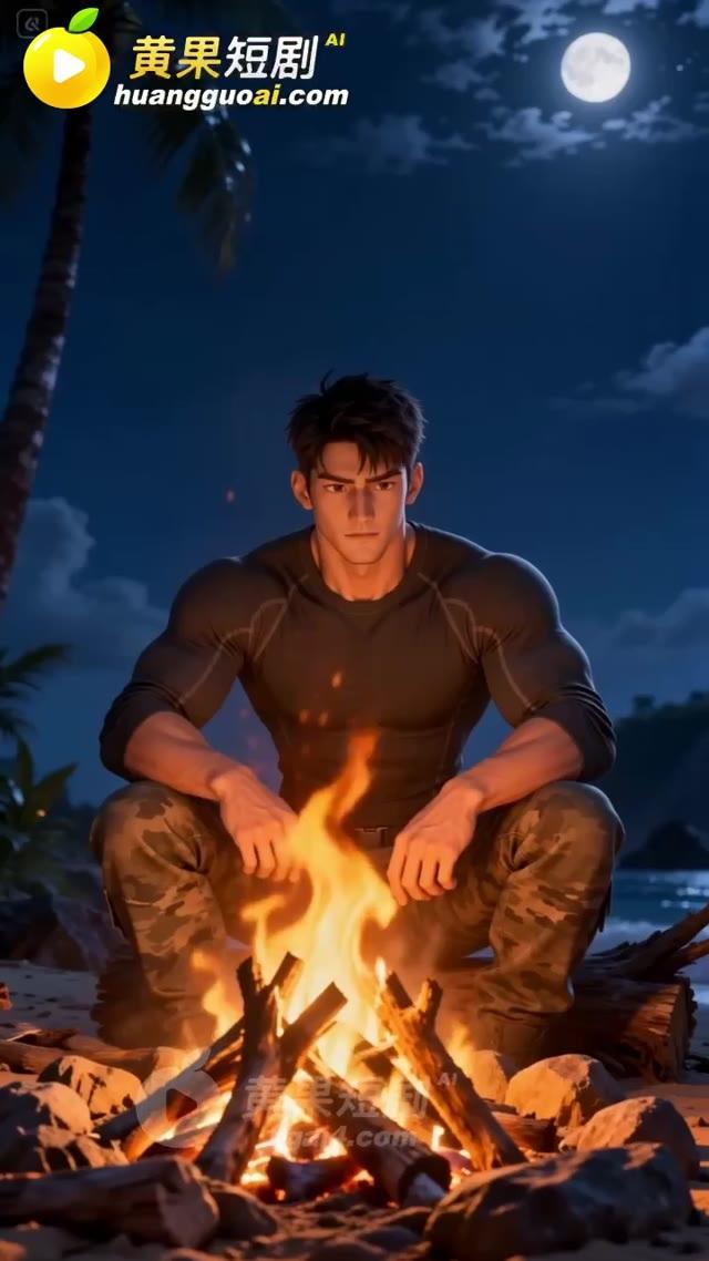 夜间篝火旁的男子