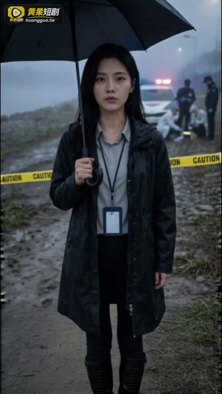 女调查人员撑伞站在河堤警戒线旁