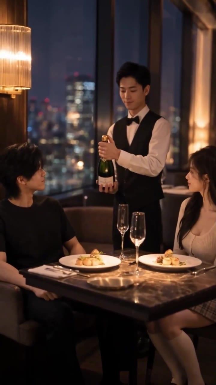 两人在临窗餐厅共进晚餐