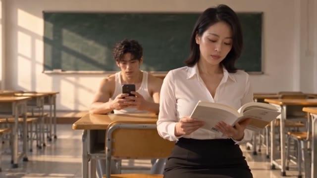 教师阅读时男主在后方查看手机