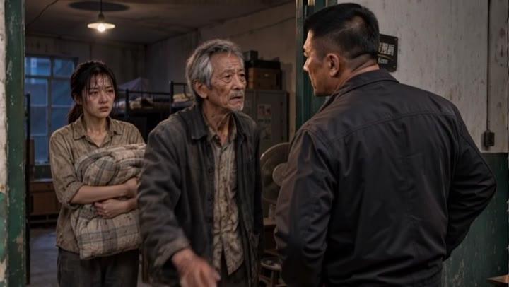 莉莉抱着铺盖,年长工人向管理者劝说