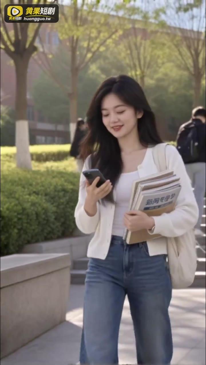 女子带着书本和帆布包走过校园台阶