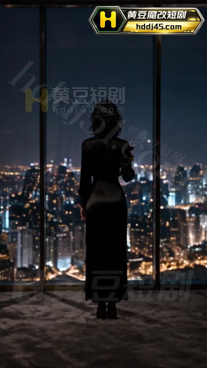 黑衣女子站在高层落地窗前