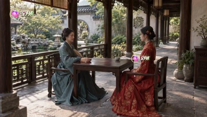 苏氏与沈家夫人在园林茶桌两侧交谈