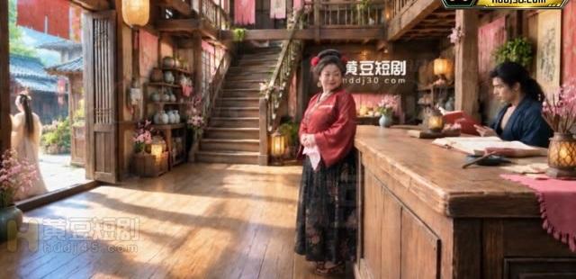 容妈在柜台前与主角交谈