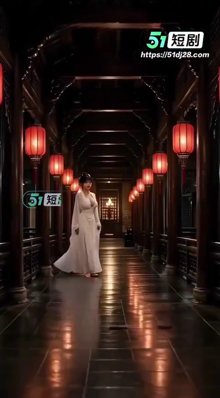 小翠身穿浅色长衣走过红灯笼长廊